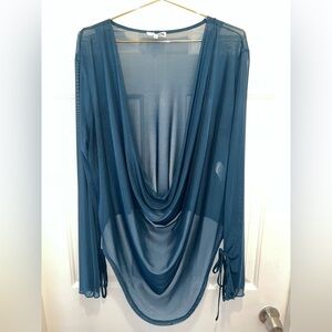 Teal Blue Sheer Draped Long Sleeve Top with Plunging Neckline | Size 1X